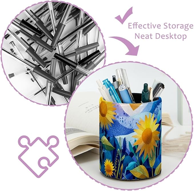 1 Pack Watercolor Art Sunflower Circular Pen & Pencil Holder - Durable PU Leather Pencil Cup, Desk Accessories Organizer for Office Desk School Home