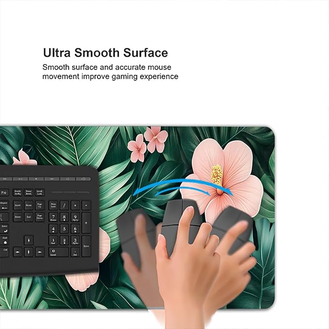 Tropical Leaves Gaming Mouse Pad Desk Pad Flowers Ferns Nature Green Pink Mouse Pad Mousepad Extended Laptop Keyboard Mat Gaming Desk Pad Mouse Mat Office Computer Keyboard Laptop Home 31.5"x11.8"