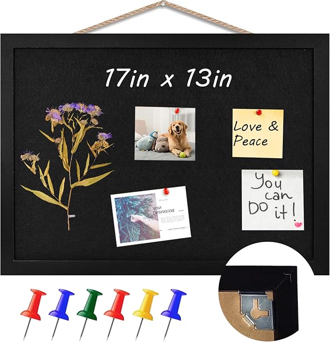 Black Cork Board Bulletin Pin Display for Wall Corkboard Pushpin Vision Picture Board Photo Felt for Memos, Photos, Home, Kitchen, Office,17"x13"