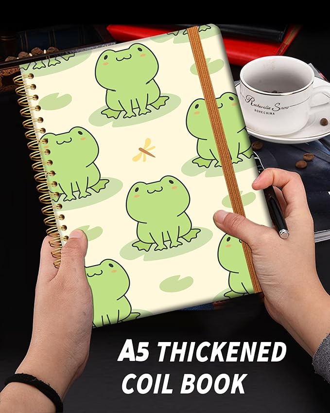 Ruled Spiral Writing Notebook,A5 Hardcover Lined College Journal for Women,Strong Twin-Wire Binding with Premium Paper,8.4" X 6",Perfect for School,Office,Home(Cute Frog Love)