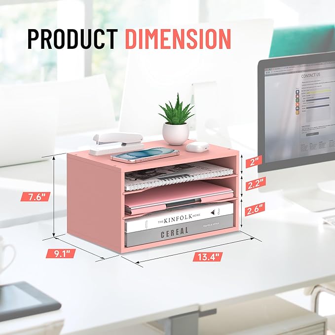 Wood Desk Organizer, 3 Tier Paper Tray Organizer for Desk with Adjustable Storage Shelves, Desktop Paper Sorter Mail Holder for Office Home Classroom, Pink