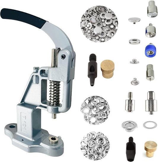 Hobby Trendy Hand Press with Rust Free Steel 50 Sets Ln24 15mm Fashion Spring Glove Snaps and 50 Sets Brass 8 mm (Nr5) Eyelets, Matching Dies and Hole Punches (Silver Supplies, Silver Gray Press)