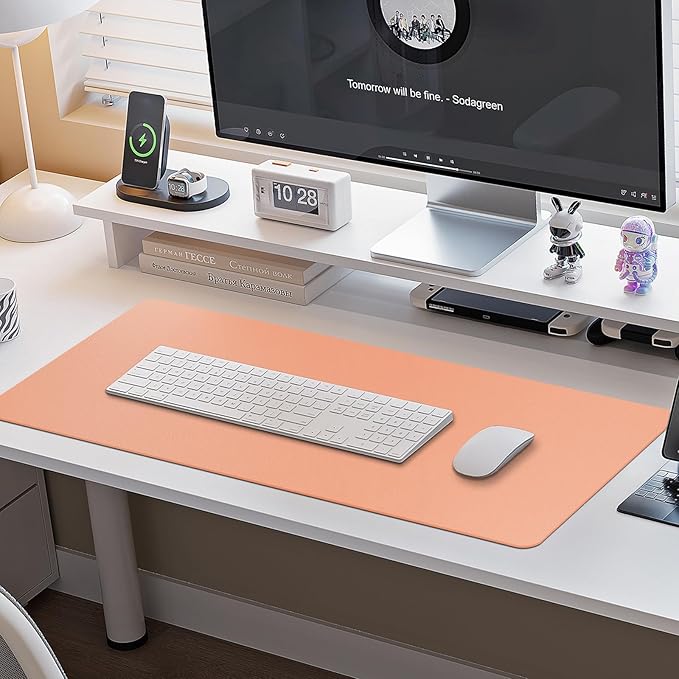 Boutilon Leather Desk Pad Protector,Non-Slip Mouse Pad,Laptop Desk Pad,Office Mouse Mat,Waterproof Leather Desk Blotter,Desk Writing Pad for Office and Home (S-Orange Pink,24"x 14")