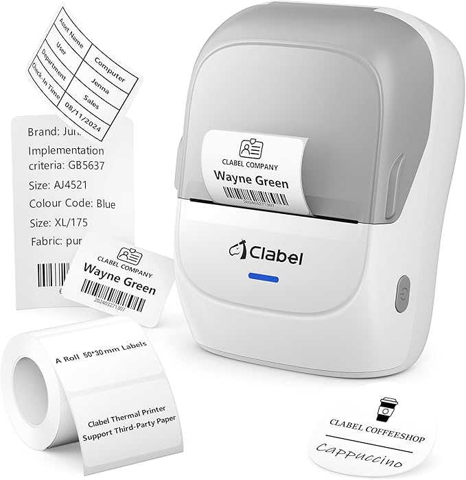 CLABEL Thermal Label Maker Machine: 221B Mini Sticker Printer Barcode Printer Inkless Label Printer Compatible with Clothing Price Labeling with 1 Roll of 50x30mm Label(Gray White)
