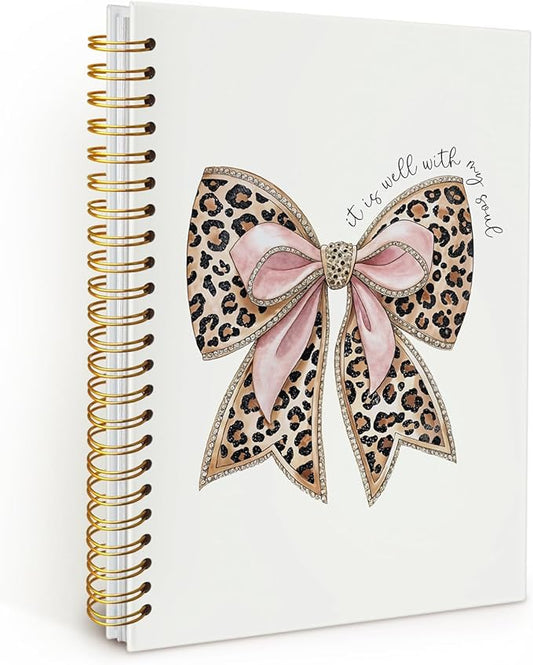 Leopard Coquette Bow Christian Spiral Notebook, Christian Notebook for Women, Religious Prayer Journal for Woman, It is Well with My Soul Scripture Hardcover Notebooks 5.5x8.3