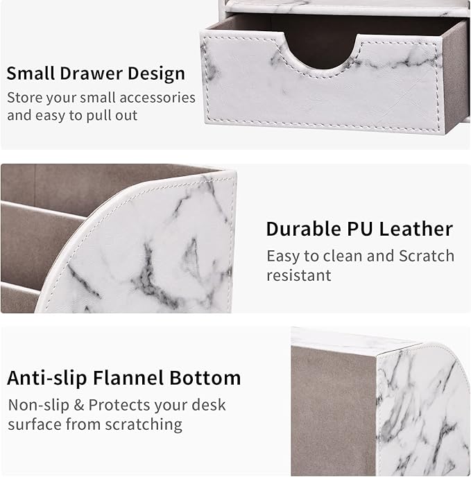 KINGFOM Pu Leather Desk Organizer Pen Pencil Holder Office Supplies Caddy Storage Box 6 Compartments with Drawer Gray Marble