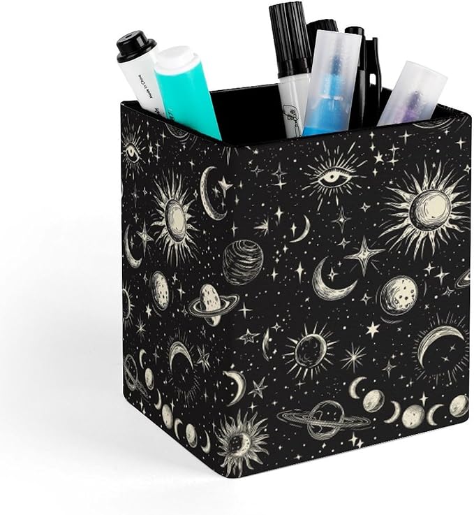 Square Pen Holder & Pencil Organizer for Desk - Office Storage Organizer, Markers/Makeup Brushes/Scissors Holder, Compact Desk Decor Accessories for Home Classroom School(Stars Moon Sun)