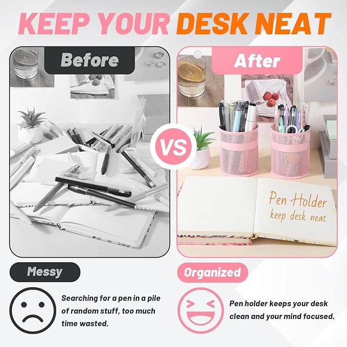 Segarty Pencil Holder, 3 Pack Pink Pen Holder, 3.3 x 3.9 inch Pencils Cups, Round Metal Pens Container Organizer for Office Supplies, School Classroom, Makeup Brush, Home Storage