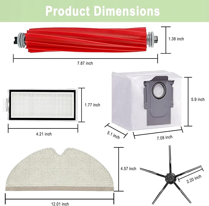 17 Pack Roborock Q7 Replacement Parts Compatible for Roborock Q7 Q7+ Q7 Max Q7 Max+ Vacuum Cleaner,1 Main Brush, 4 Filter, 4 Side Brush, 4 Mop Cloth, 4 Dust Bag