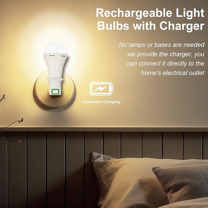 10 Pack Rechargeable Emergency Light Bulbs,Battery Operated Backup Light Bulb for Power Outage Camping Outdoor Hurricane 9W E27 8500K 1200mAh White Self-Charging LED Light Bulbs