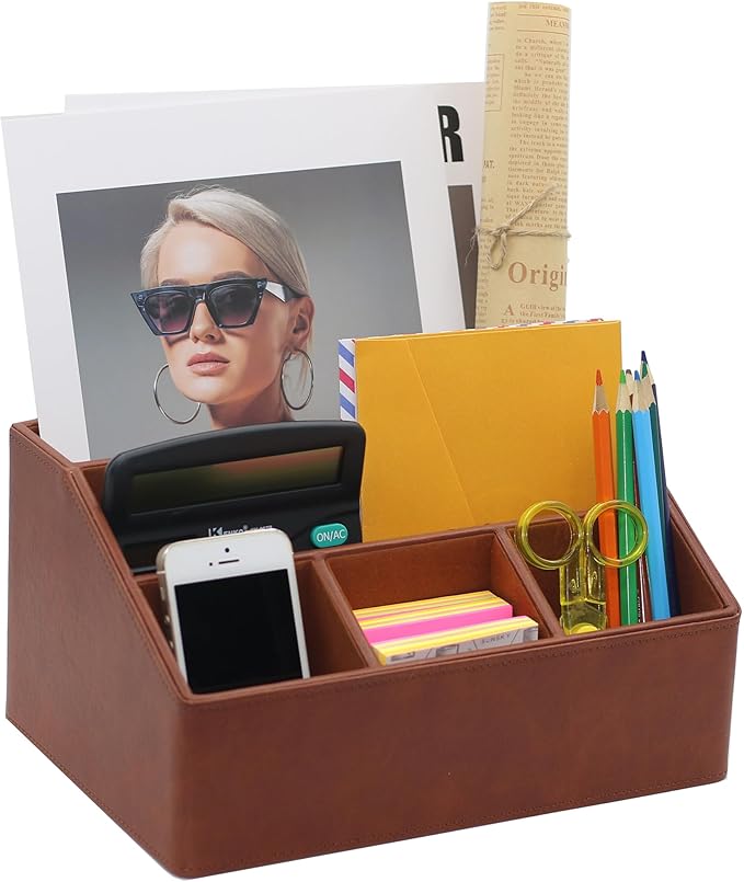 Desk Organizer, Mail Organizer Countertop, Bills Organizer, Mail Sorters, Magazine Holder, Desk Organizer and Accessories for Office Supplies, Brown Leather
