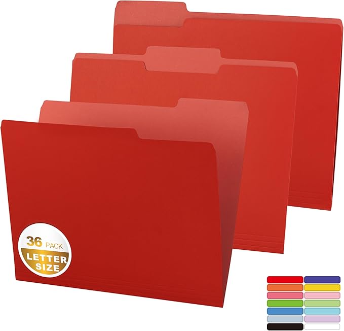 Two-Tone File Folder 8.5 x 11 Inch,36 Pack Red File Folders,1/3 Cut Tabs File Folder Letter Size,Colored File Folders,Manila File Folders for Office,School and Home,Organization