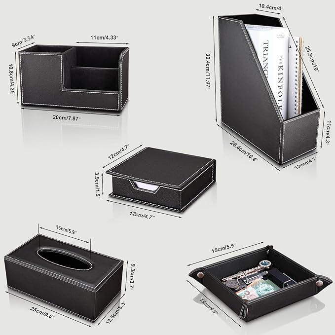 KINGFOM 5 PCS/SET Pu Leather Desk Organizer File Holder Accessories, Magazine Storage Rack+Desktop Pen&Pencil Holder+Tissue Box Cover+Leather Jewelry Accessories Tray