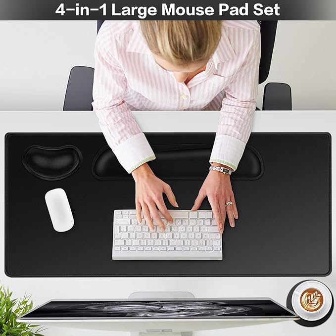 Mouse Pad Black, Mouse Pad with Wrist Rest, 4-in-1 Large Mousepad+Keyboard Wrist Rest+Mouse Pad Wrist Support+Cup Pad Set,Ergonomic Anti-Slip,Memory Foam Desk Mat for Home Office Gaming(35.4×15.7in)