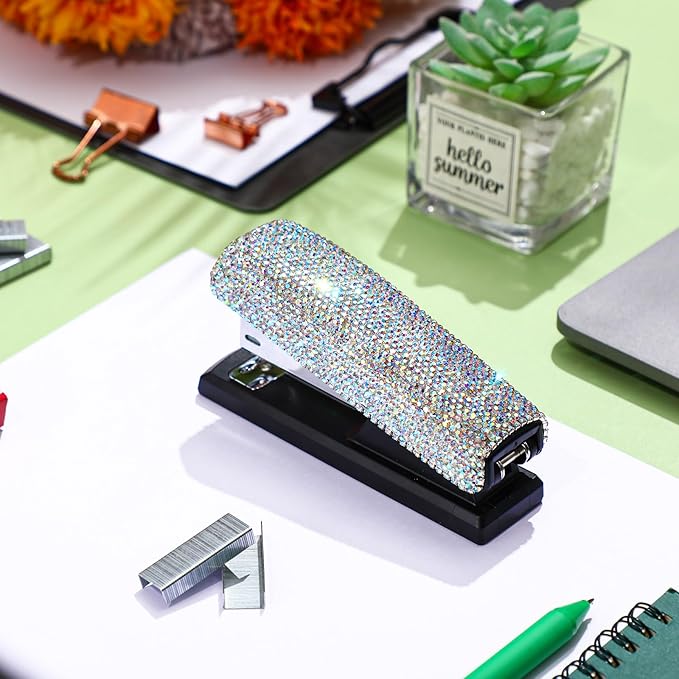 Yexiya Bling Crystal Stapler Gift Sparkly Diamond Stapler for Desk Handmade Clay Rhinestone Machine Pretty Office Stationery Kit Stylish Accessory for Women Lady Christmas(AB Color)