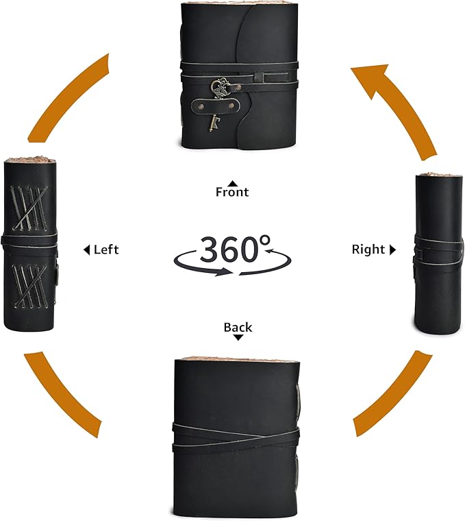 LEATHER VILLAGE Vintage Leather Journal – 200 Handmade Vintage Deckle Edge Paper – Leather bound Journal For Women Men – Vintage Key Closure - Book of Shadows - Black - 6X4 inches (A6)