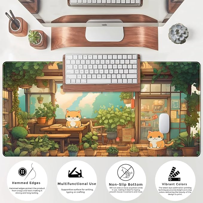 Desk Mat Cat Plant Green Large Mouse Pad Long Mousepad Gaming Office Decor Big Computer PC Laptop Protector Desk Mat Keyboard Pad Non-Slip Rubber Base Mousepad Long with Stitched Edges 31.5x15.7 in