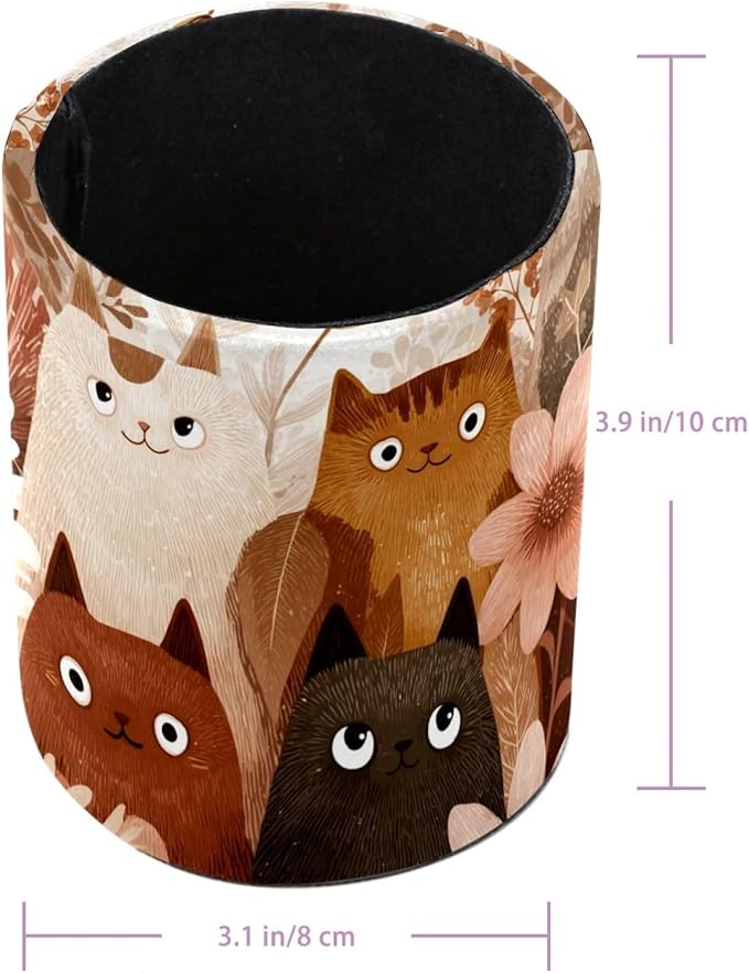 Leather Pen Holder for Desk Cute Colored Cats Pencil Cup Desktop Organizer Makeup Brush Holders Office Supplies for Home, Kids & School