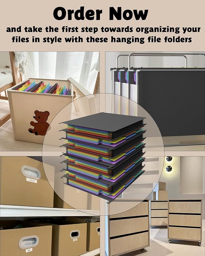 Plastic Expanding Hanging File Folders, 7 Pocket Extra Capacity Accordion Hang Folder, 1/5 Cut Adjustable Tabs, Multi-Color Lables, Letter Size for Filing Cabinet - 3 Pack