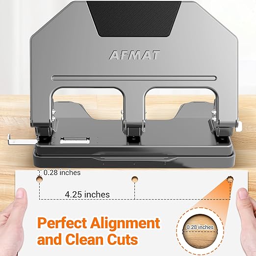 AFMAT HPX3 Heavy Duty 3 Hole Punch, 40-Sheet 3 Hole Puncher for Binder, Metal Three Hole Punch w/ 10,000+ Uses, 50% Reduced Effort, Bulit-in S.S. Paper Guide, Large Chip Tray, Gray