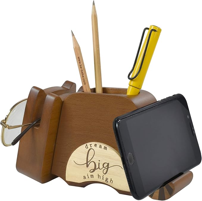 I'm Wood Multipurpose Raccoon Eyeglass Phone Pen & Pencil Holder Stand Stationery Desk Organizer Accessories Decor, for Home Office Desktop Decoration Birthday Graduation Gifts “Dream Big Aim High”