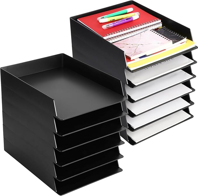 Wenqik 12 Pcs Stackable Paper Trays Rectangular Plastic Desk Holder Desktop Document File Organizer Storage Letter for Office Classroom (Black)