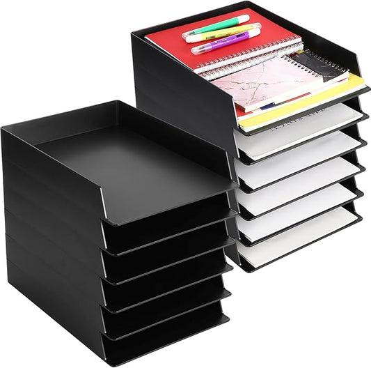 Wenqik 12 Pcs Stackable Paper Trays Rectangular Plastic Desk Holder Desktop Document File Organizer Storage Letter for Office Classroom (Black)