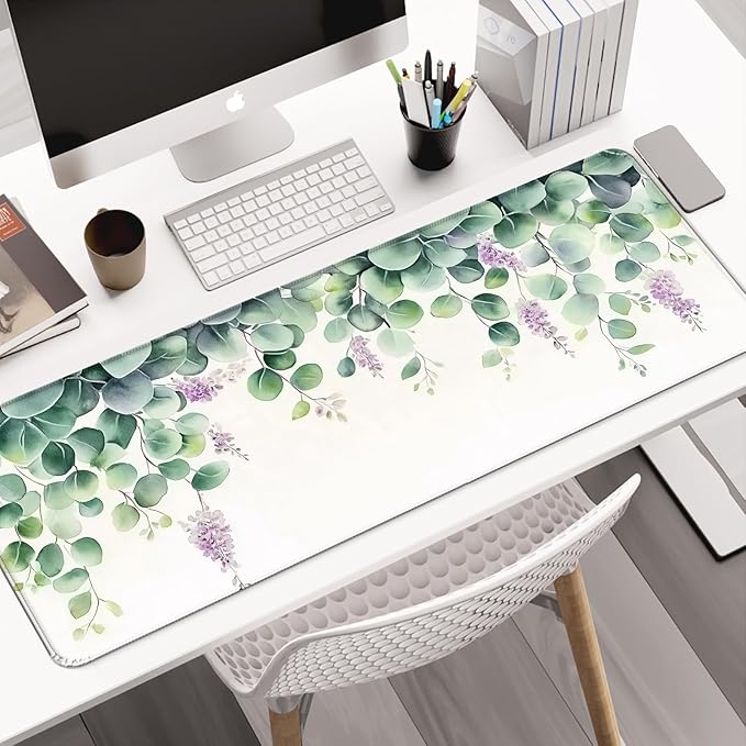 Watercolor Green Leaf Gaming Desk Mat, Extended Large Minimalist Aesthetic Mouse Pad, Computer Keyboard Laptop Mousepad for Work, Office and Home, XL