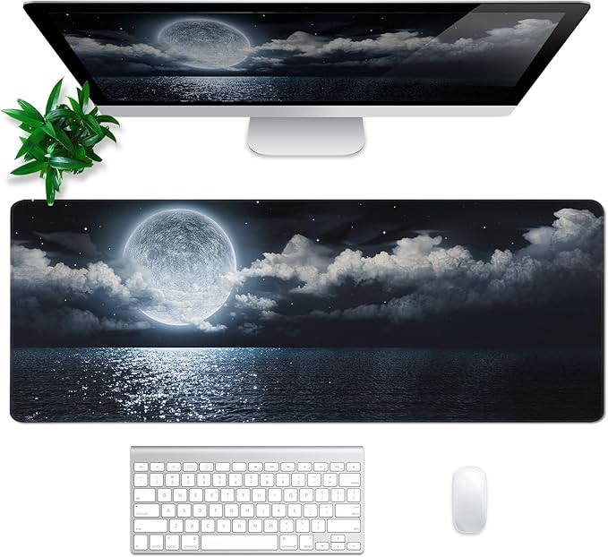 Black Sea Mouse Pad Abstract Black Mouse Pad 31.5x11.8 Inch Moon Texture Non-Slip Rubber Base Large Mousepad Stitched Edges Keyboard Mouse Mat Desk Pad for Office and Home