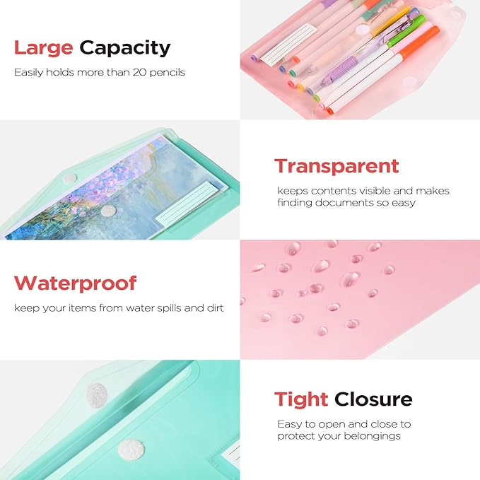 Sooez 10 Pack Reusable Envelopes, Small Pencil Pouch, Clear Pencil Case, Pencil Bags Bulk, Receipt Cash Holder, Small Plastic Envelopes, Receipt Envelope for School Office Supplies Travel Accessories