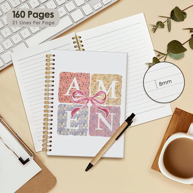 Coquette Pink Bow Amen Christian Spiral Notebook, Notebook for Bible Notes, Church Notes Notebook Journal, Christian Floral Hardcover Notebooks 5.5x8.3