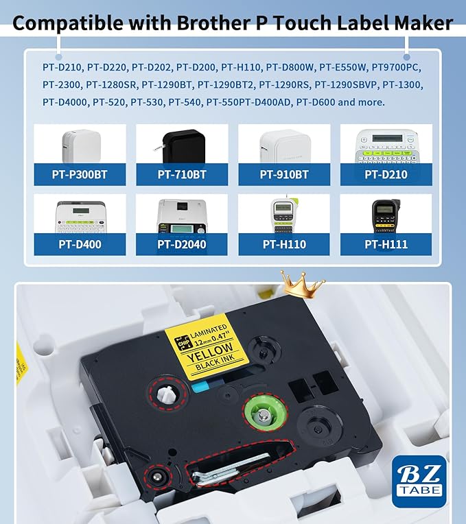 TZe-631 TZ 12mm 0.47 Laminated Black on Yellow Compatible with P Touch Label Tape TZe631 Refills for Ptouch PTH110 PT-D220 D210 D400 D600 H103W 2040 Label Maker, 4-Pack