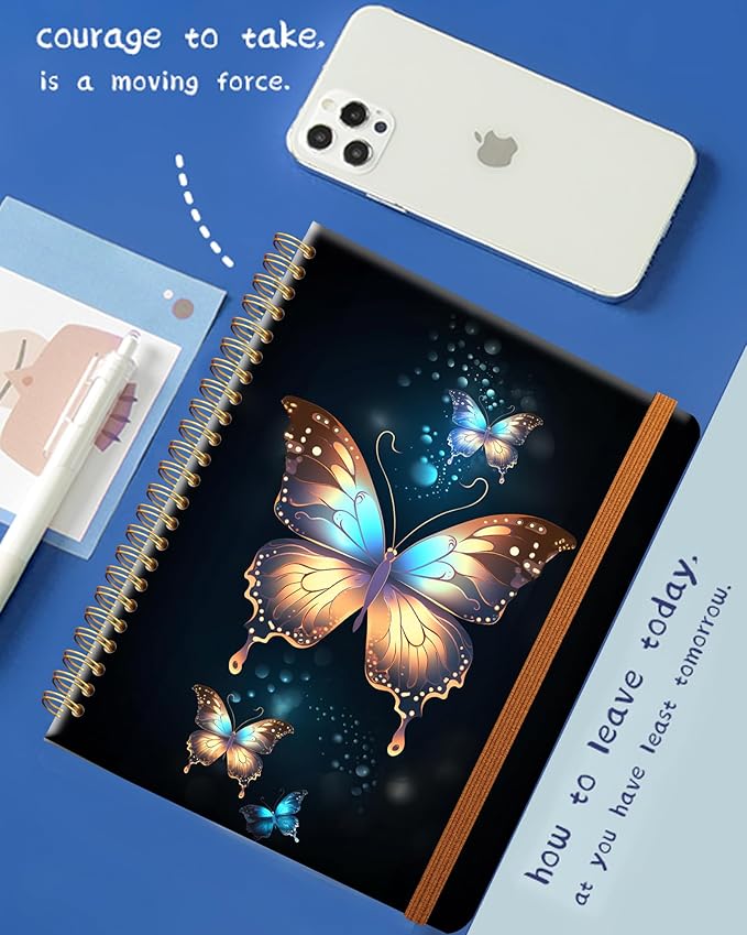 Ruled Spiral Writing Notebook,A5 Hardcover Lined College Journal for Women Lady Girl,Strong Twin-Wire Binding with Premium Paper,8.4" X 6",Perfect for School,Office,Home Gifts(beautiful butterfly)