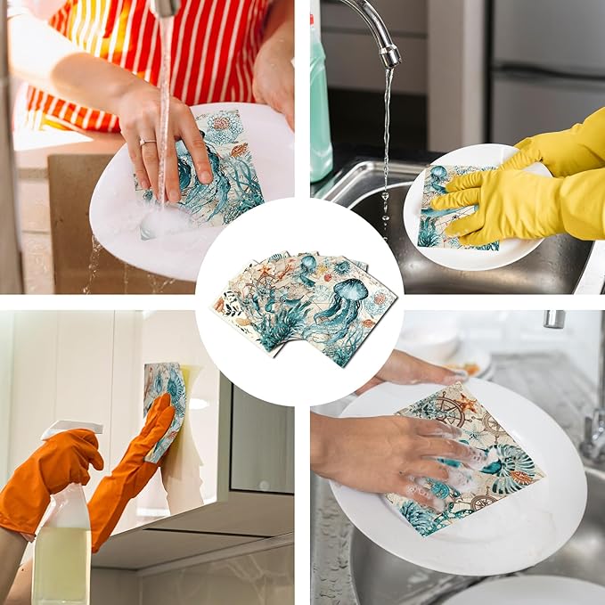 Blue Sea Swedish Dishcloths for Kitchen, 6 Pack Reusable Sea Animal Pattern Absorbent Dish Cloth, Fast Drying Cleaning Sponge Cloths for Kitchen Cooking Home Decoration Housewarming Gift