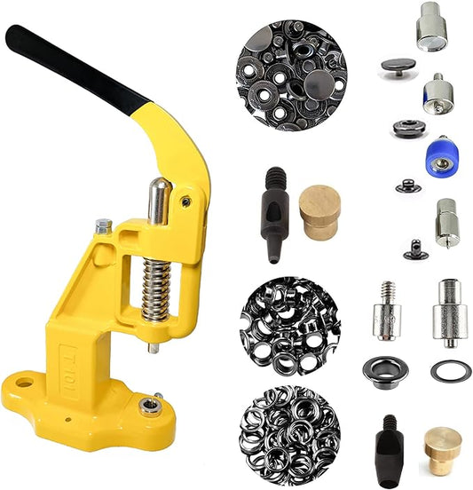 Hobby Trendy Hand Press with Rust Free Steel 50 Sets Ln24 15mm Fashion Spring Glove Snaps and 50 Sets Brass 8 mm (Nr5) Eyelets, Matching Dies and Hole Punches (Black Supplies, Yellow Press)