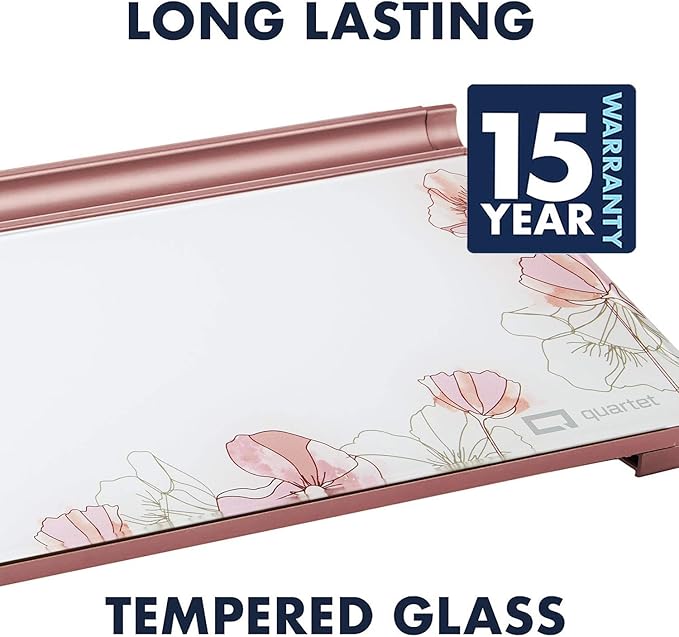 Quartet Glass Dry Erase White Board, Desktop Computer Pad for Notetaking, 18" x 6" Whiteboard, Clean Erase Surface with Storage, 1 Dry Erase Marker, Floral Pattern (GDP186P)