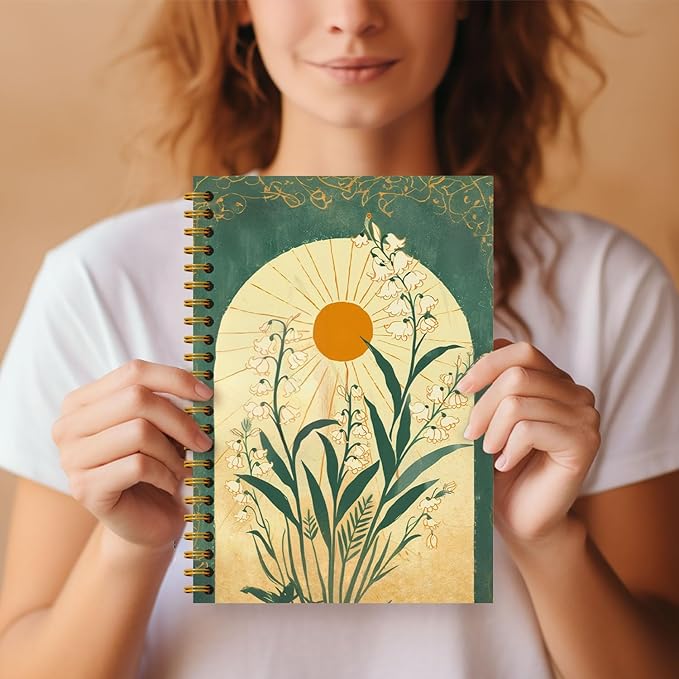 Boho Floral Emerald Green Notebook Journal, Boho Lily of the Valley Botanical Sun Notebooks Journal, Aesthetic Notebooks, Journal Notebooks for Note Taking, Spiral Notebook 5.5x8.3 Inch