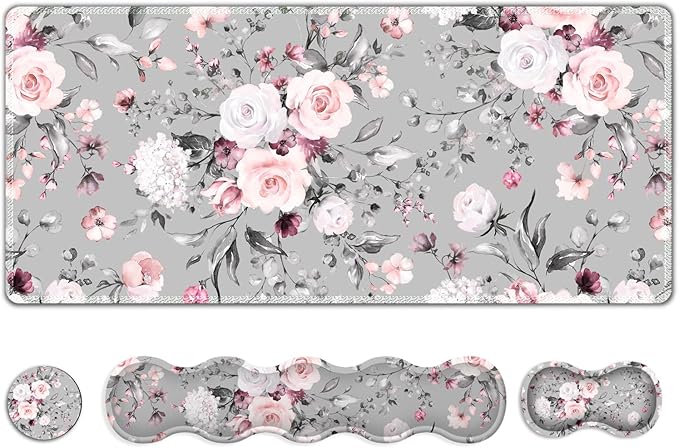 Upgraded Extended Gaming Mouse Pad, Keyboard Wrist Rest Pad, Wrist Support Mousepad Set, Artso Large Stable Rubber Base Stitched Edges, Multifunctional Desk Pad (35 x15.5 in) for Work, Game, Grey Rose