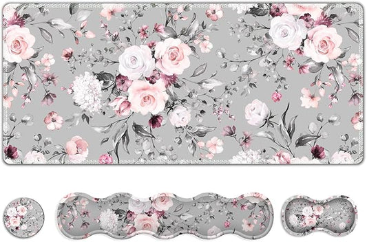 Upgraded Extended Gaming Mouse Pad, Keyboard Wrist Rest Pad, Wrist Support Mousepad Set, Artso Large Stable Rubber Base Stitched Edges, Multifunctional Desk Pad (35 x15.5 in) for Work, Game, Grey Rose