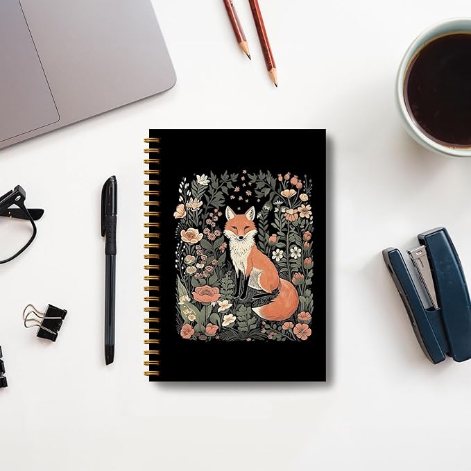 Fox Notebook Journal, Floral Notebook Journal, Fox Gifts for Women, Fox Themed Gifts, Cottagecore Decor Notebook Journal, Animal Lover Gifts, Fox Floral Spiral Notebook 5.5x8.3 Inch