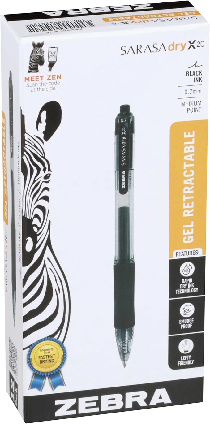 Zebra Pen Sarasa Dry X20 Retractable Gel Pens, 0.7mm Medium Point, Black Ink with Rapid Dry Ink Technology, Ideal for Office Supplies and School Supplies, 12-Pack (46810)
