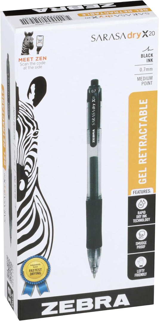 Zebra Pen Sarasa Dry X20 Retractable Gel Pens, 0.7mm Medium Point, Black Ink with Rapid Dry Ink Technology, Ideal for Office Supplies and School Supplies, 12-Pack (46810)