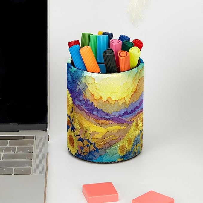 1 Pack Watercolor Art Sunflower Circular Pen & Pencil Holder - Durable PU Leather Pencil Cup, Desk Accessories Organizer for Office Desk School Home