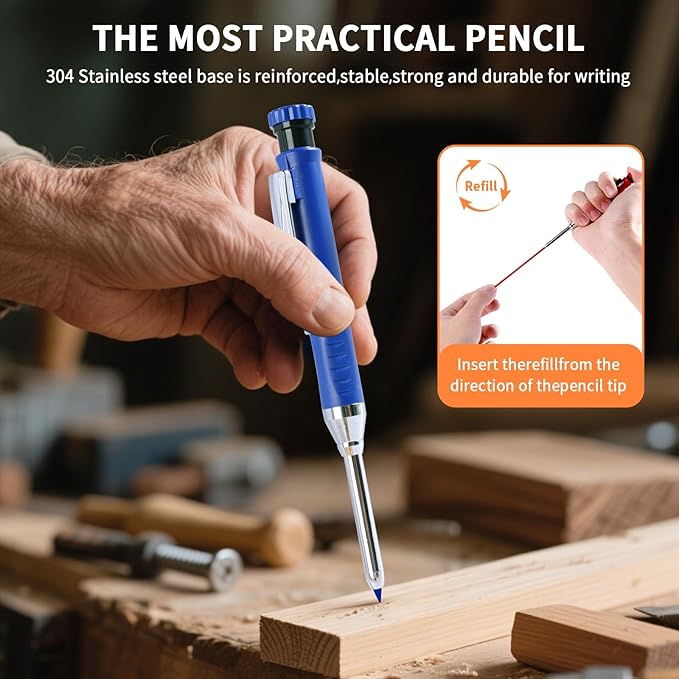 4 Pack Carpenter Pencil with Sharpener, Mechanical Pencils Set with 28 Refills, Construction Pencil Heavy Duty Woodworking Pencils (Red, Black, Yellow, Blue) Deep Hole Long Nib Marker Pens