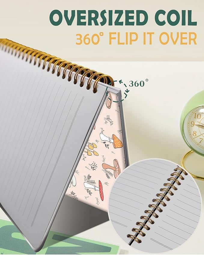 Ruled Spiral Writing Notebook,A5 Hardcover Lined College Journal for Women,Strong Twin-Wire Binding with Premium Paper,8.4" X 6",Perfect for School,Office,Home(Pink Mushroom)