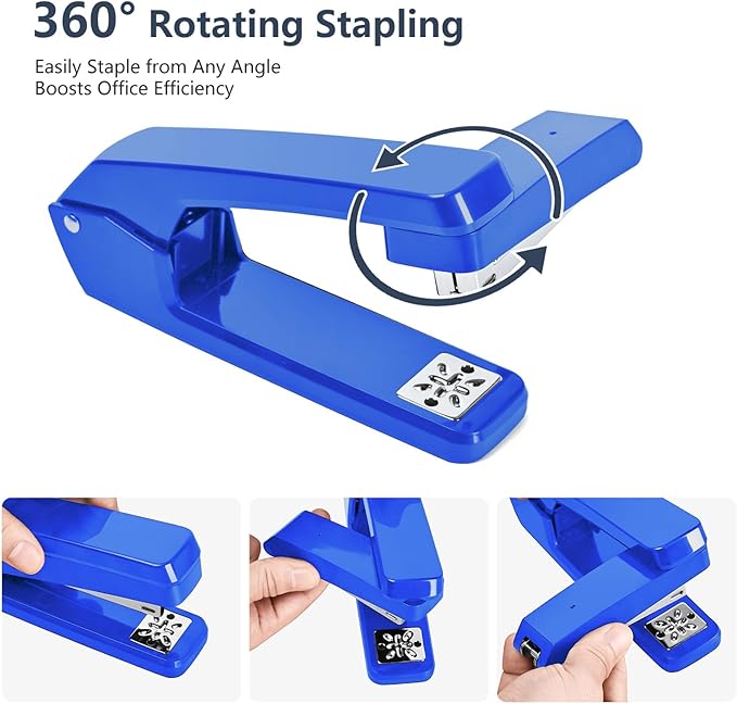 MJMX 360° Rotating Swing-Arm Stapler, 25-Sheet Capacity, with 1000 Staples, 8-Position Lock, ABS Durable Design, for Office/Home/School (Blue)