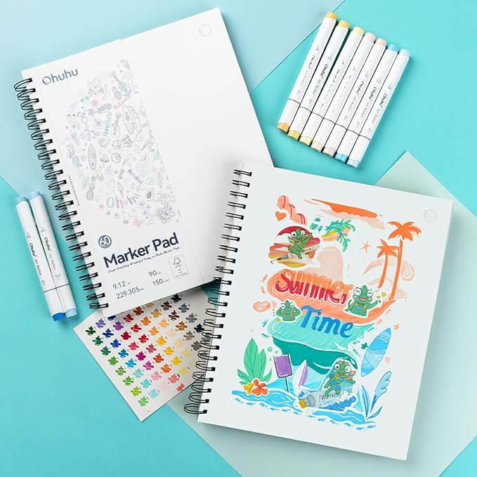 Ohuhu Double-Sided Marker Pads Art Sketchbook Bleedproof - 9"x12" Large Paper Size - 90 lb/150 gsm Smooth Drawing Paper - 60 Sheets/120 Pages, Spiral Bound Sketching Book for Alcohol Markers