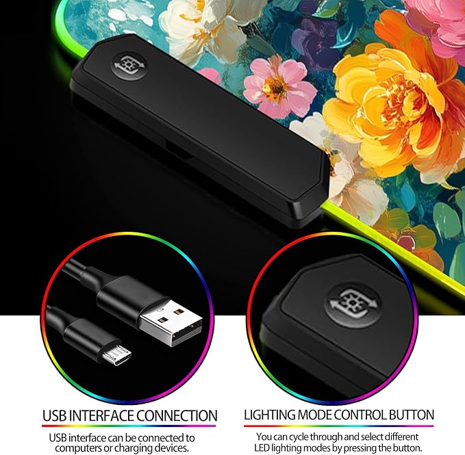 RGB Colorful Flower Peony Gaming Desk Mat, Computer Keyboard Large Extended Long Floral LED Mouse Pad for Office and Home, XL (W28)