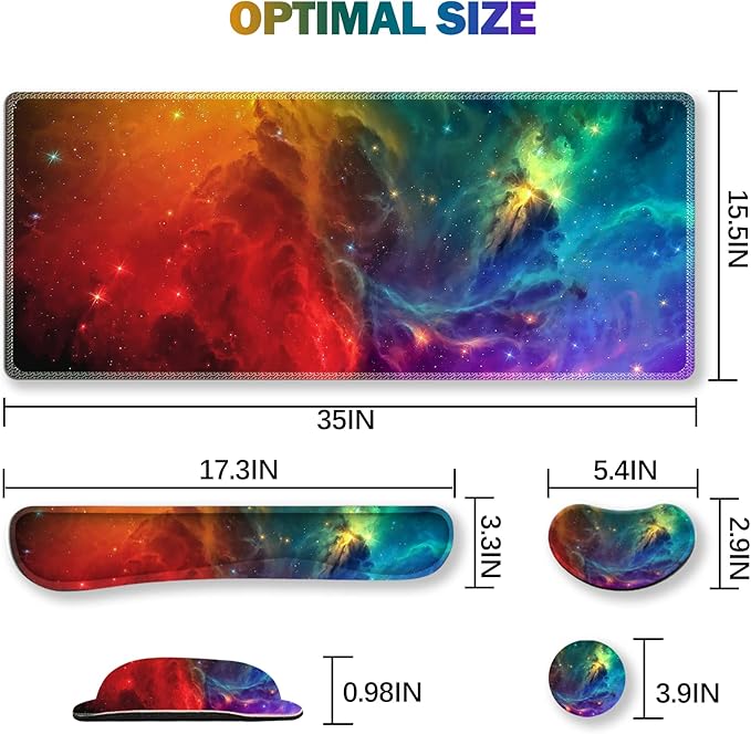 ARTSO Extended Gaming Mouse Pad Set, Keyboard Wrist Rest Support Pad + Wrist Cushion + XXL Large Mouse Pad + Coaster, Stitched Edge, Non-Slip, Memory Foam Desk Mat, Color Nebula Galaxy