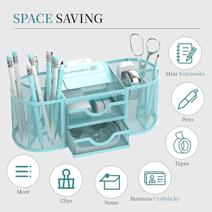 SUPEASY Mesh Desk Organizer, Desk Organizers and Accessories, Pen Holder with Drawers, Pencil Holder for Desk with 2 Drawer for Office Supplies, Blue
